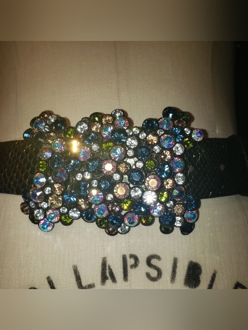 PreOwned Super Rare Huge Swarovski Crystal Buckle Metallic Green Python Belt